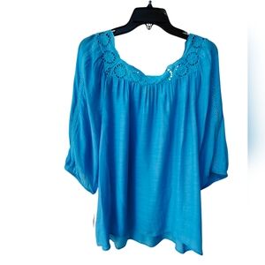 I.N. STUDIO Blue Puff Sleeve Lace Accent Blouse